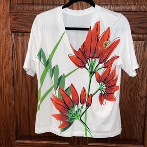 Chico’s white t-shirt with Orange Red Flowers. Size 2